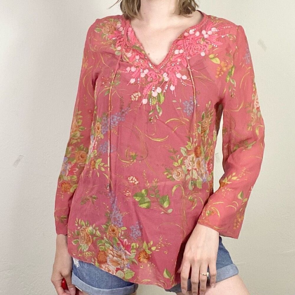 Cabi Coral Floral Lightweight Silk Sequin Embellished Embroidered Blouse Size S